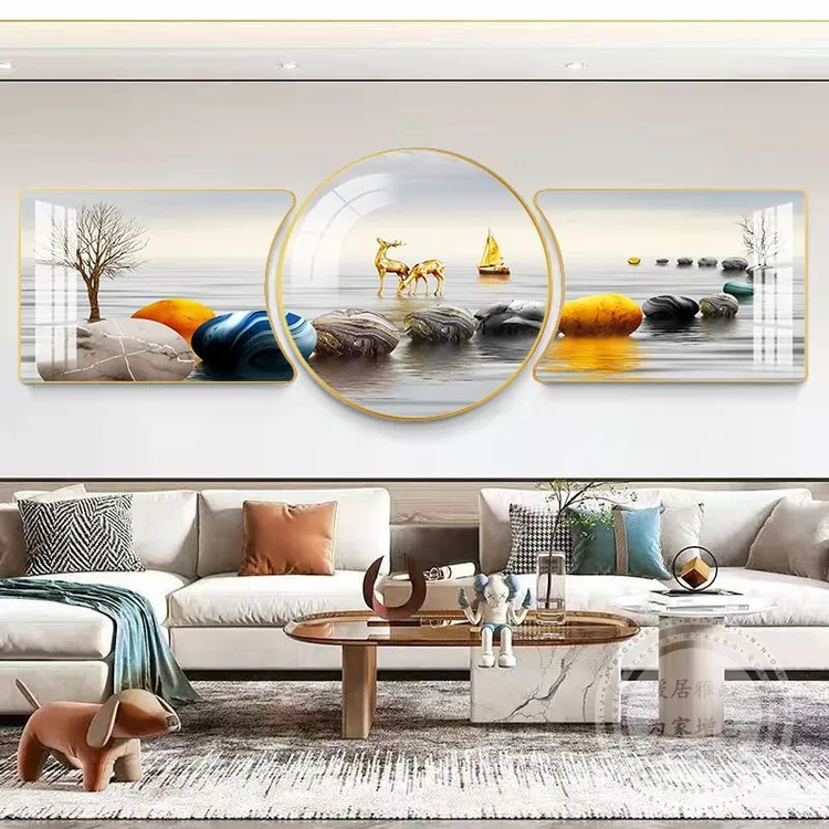 新款珠联璧合客厅装饰画现代新中式大气沙发背景三联画轻奢晶瓷画