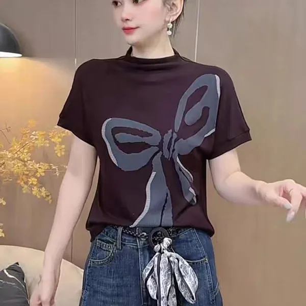 6080#夏季气质新款半高领印花减龄短袖T恤（L~5XL 90~165斤）