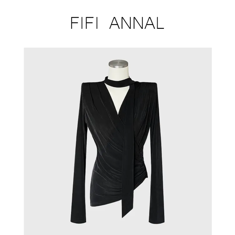 FIFIANNAL法式交叉V领收腰显瘦衬衫褶皱松弛感飘带品质长袖上衣