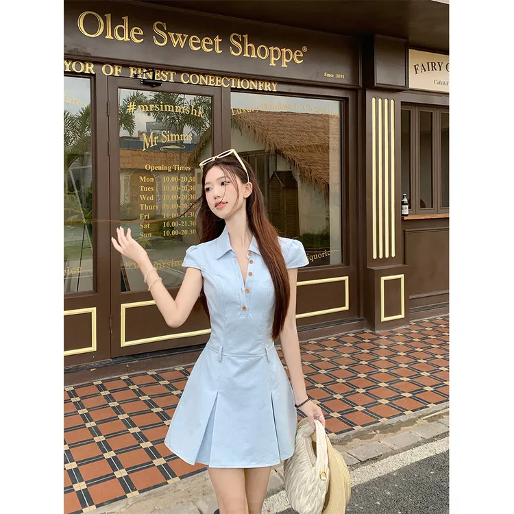 学院风V领polo收腰连衣裙21817#