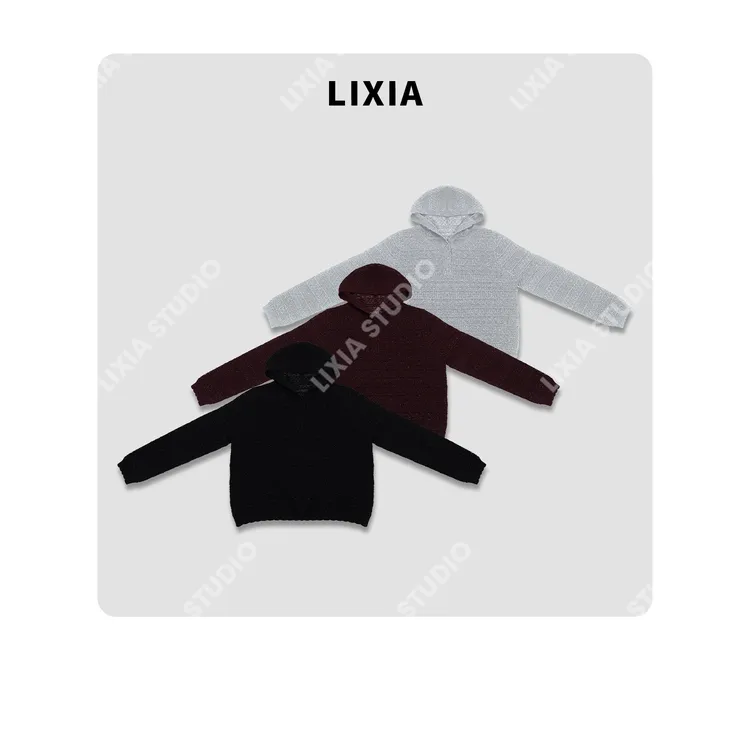 LIXIA【软云帽衫】慵懒休闲风扣子设计含羊连帽针织衫帽衫-D9318