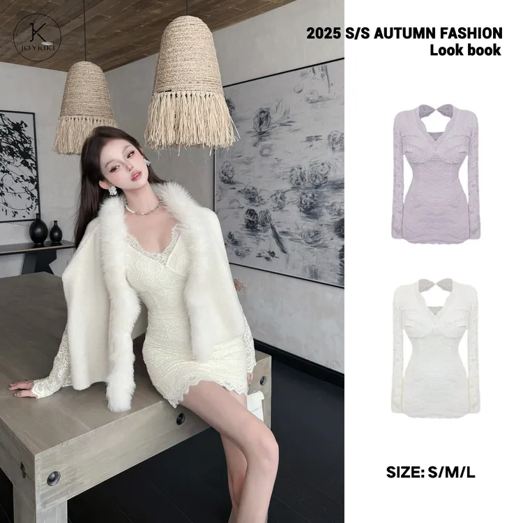 JOYKIKI金金【微醺蔷薇】秋季气质拼接蕾丝设计连衣裙J25C531