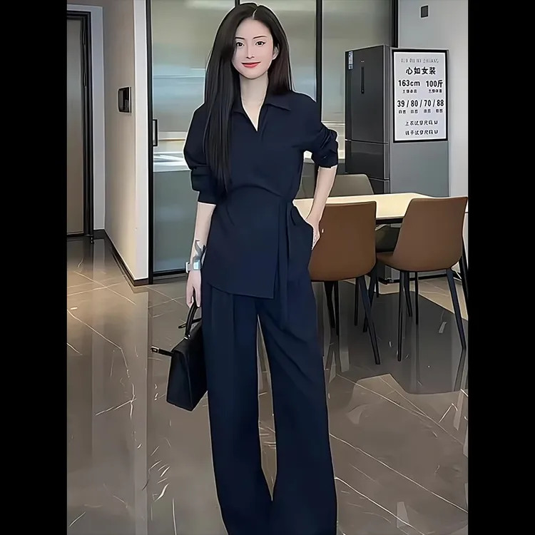 大码女装深蓝色时尚套装胖mm秋季新款绑带束腰显瘦干练穿搭一整套