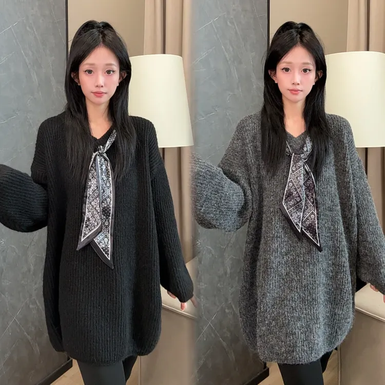 二姐的宝藏秋冬高级感丝巾V领宽松显瘦针织上衣#25428