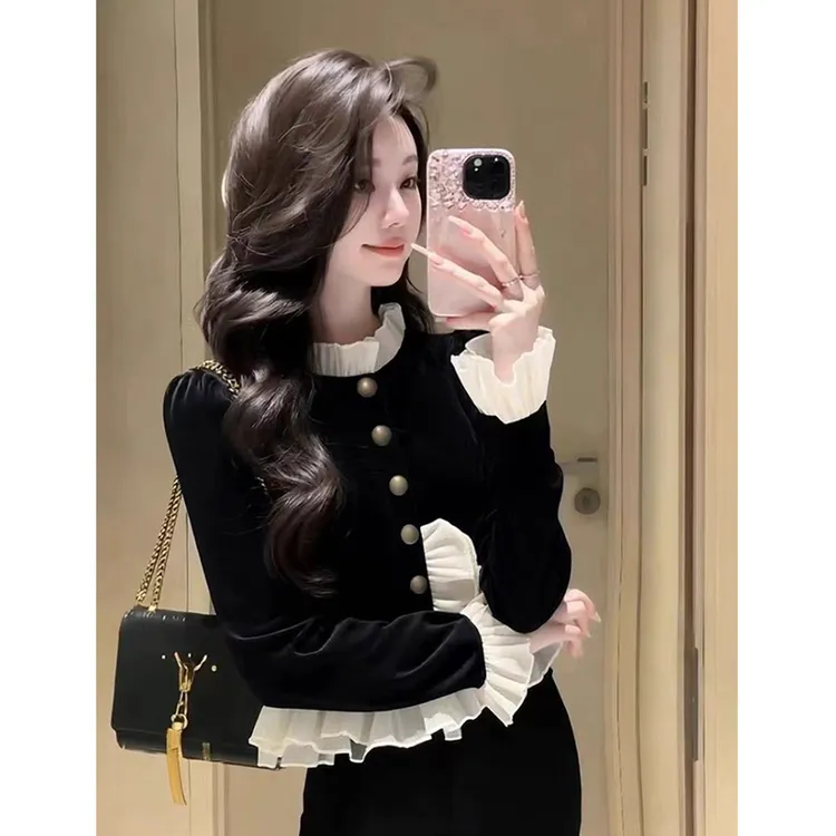 法式名媛复古丝绒拼接荷叶边长袖衬衫高级感撞色单排扣洋气上衣女