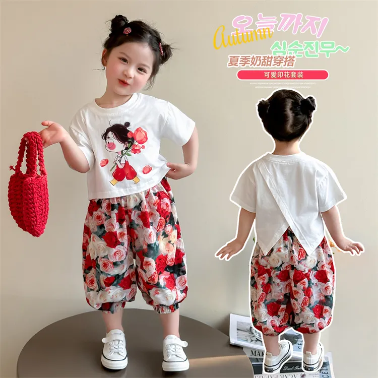 夏季女童t恤休闲短袖套装宝宝夏款薄款透气时尚甜美防蚊裤两件套