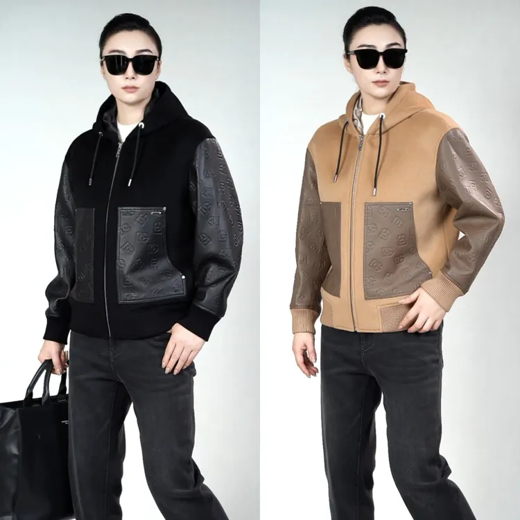 DG迪噶雅男士羊毛羊绒拼接皮衣Q292秋冬男装轻奢羊皮连帽拼皮夹克