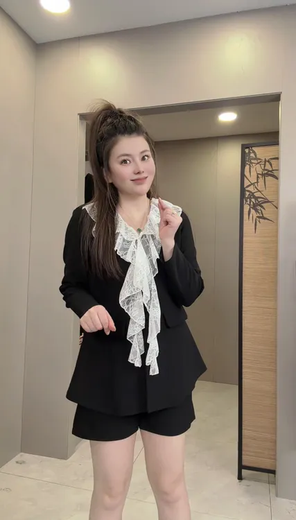 女常规袖宽松型单排扣半开领西装时尚收腰娃娃领套装