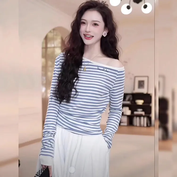 蓝色条纹斜肩长袖t恤套装女2025开春新款韩系高腰半身裙两件套潮