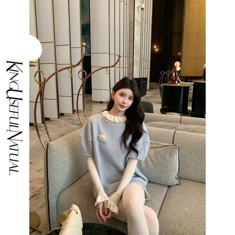 KUN【韩里韩气】慵懒格调 彩色亮片针织呢短袖减龄短裙蓝色秋冬套装