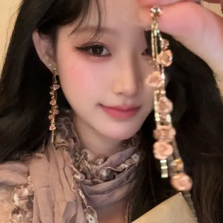 合金耳饰 干枯红玫瑰流苏耳钉网红时尚超仙耳环长款设计感耳饰