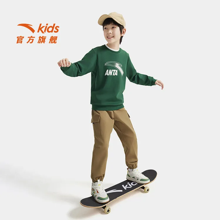 新款套装安踏儿童套头衫秋季男女童弹力舒适大LOGO运动卫衣卫裤子