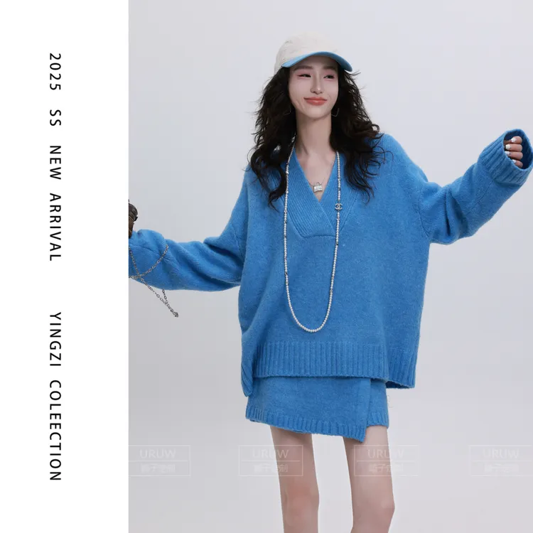 颖子定制【浪漫花房】慵懒风宽松V领针织上衣松弛感高腰A字裙裤9885