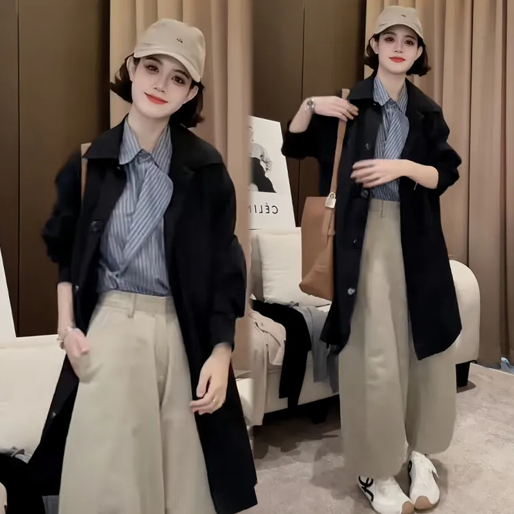 简约时尚翻领风衣外套女2025年秋冬新款气质休闲减龄中长款大衣