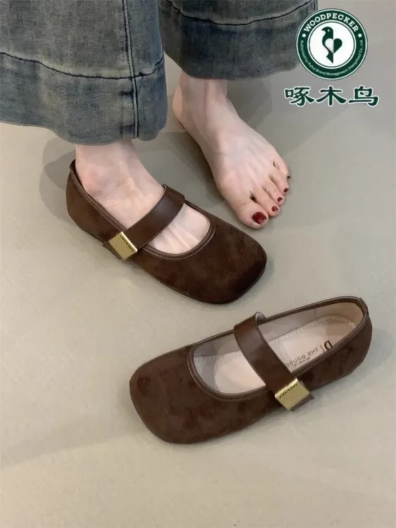 啄木鸟复古玛丽珍单鞋女2025春季新款韩系绒面圆头显瘦软底芭蕾鞋