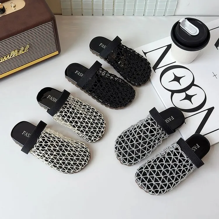 ABC女童超美镂空编织拖鞋2025新款包头儿童洋气渔网一脚蹬凉拖