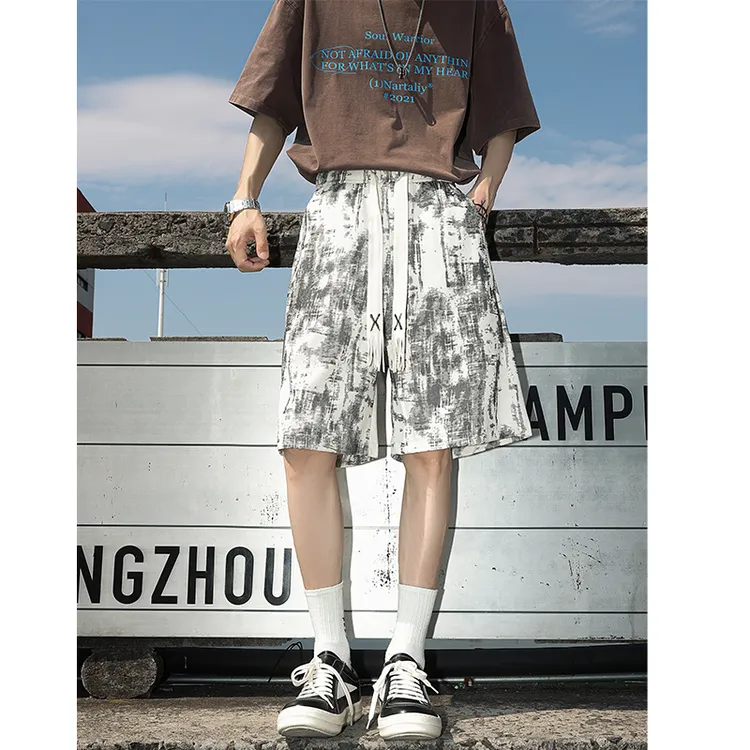 MTVO扎染复古短裤男夏季2025新款抽绳松紧腰宽松直筒休闲五分裤子