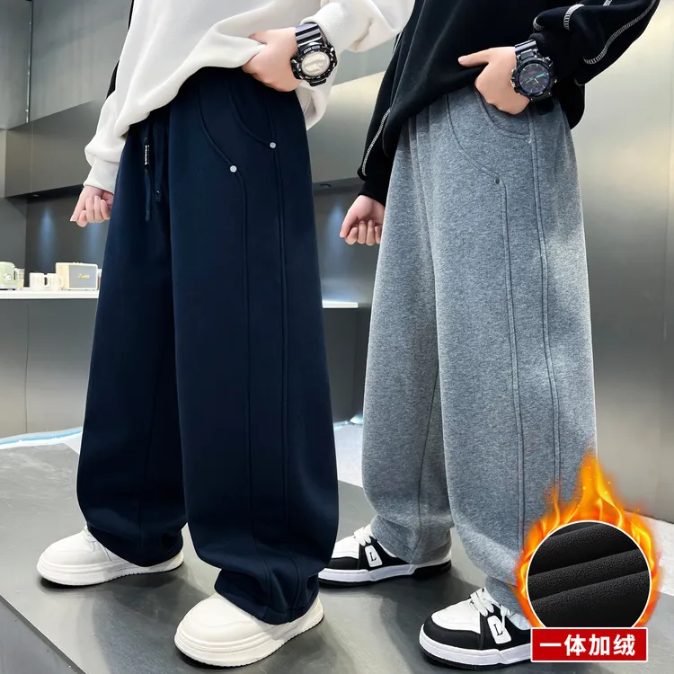 男童卫裤秋冬儿童一体绒运动休闲裤冬季初中生男男童加绒裤子
