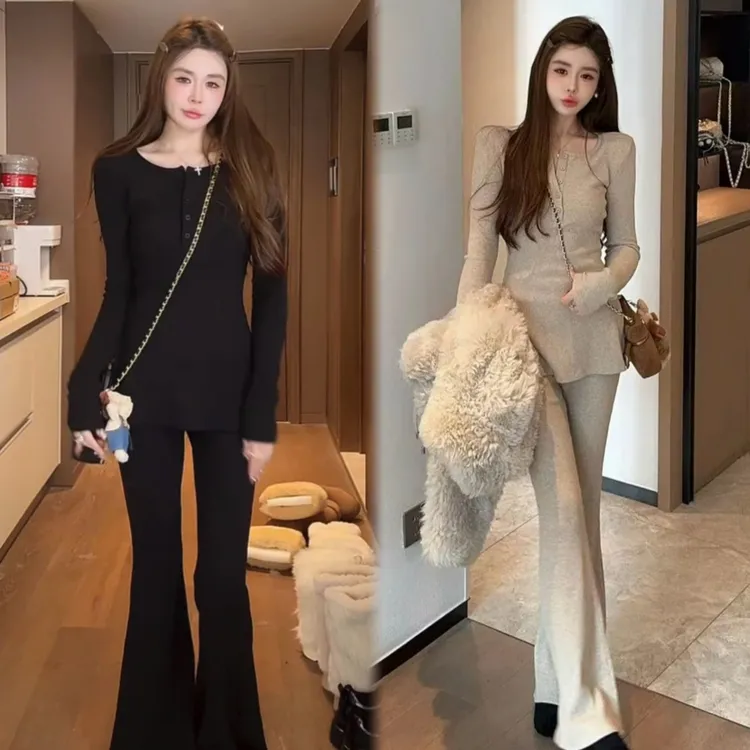 2025秋冬女士通勤时尚韩系气质百搭显瘦休闲修身加绒舒适两件套女