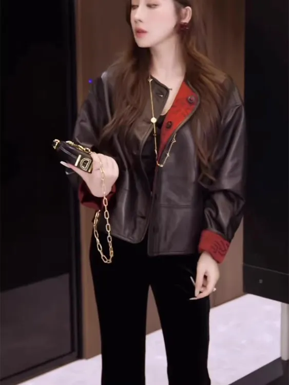 欧洲站爆款复古PU双穿外套2025秋冬新款御姐风蕾丝喇叭裤两件套女