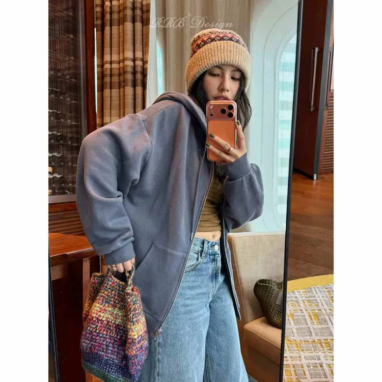 RRB Design重磅拉毛生物酶洗定染宽松百搭连帽卫衣外套