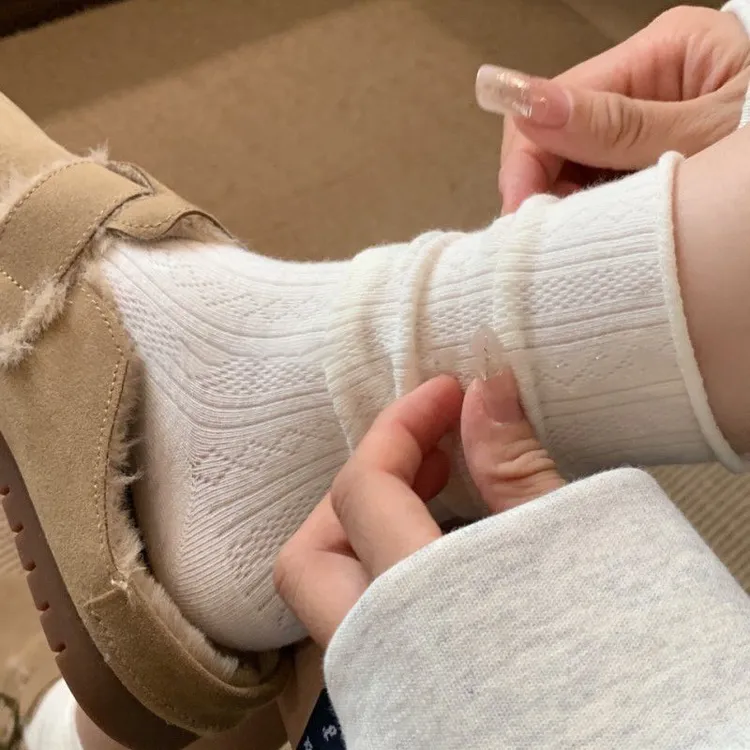 袜子女夏季薄款白色四季堆堆中筒运动月子黑色袜子配小皮鞋长筒袜
