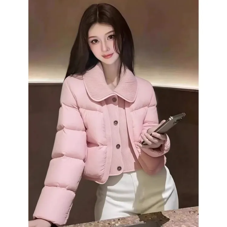 时尚新款冬季粉色泡芙翻领短款棉衣女加厚保暖小个子面包服外套