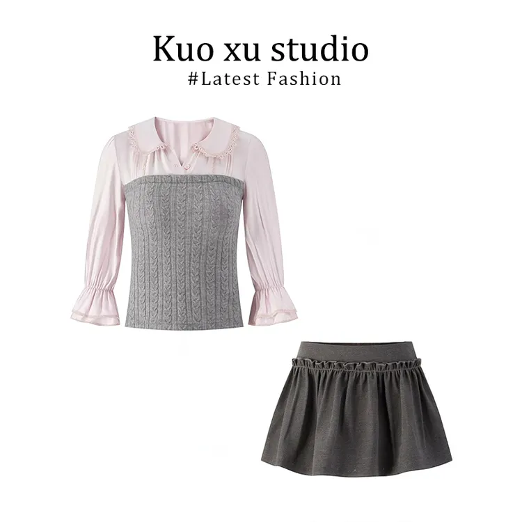 法式花边娃娃领辣妹减龄长袖衬衫女秋季针织拼接上衣显瘦半身裙