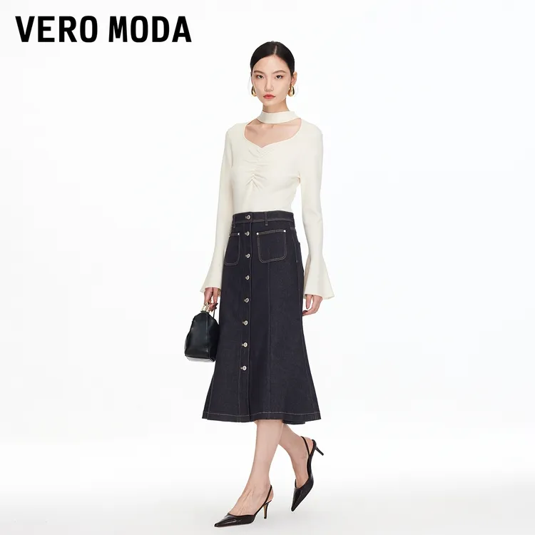 Vero Moda半身裙25新款含棉高腰牛仔裙复古时髦流光风325337014