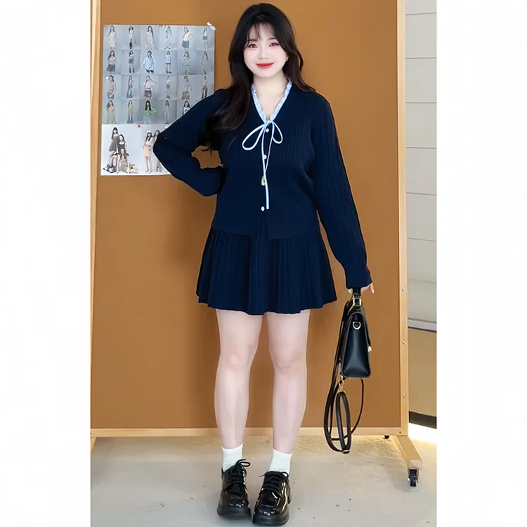 （现现款）贝贝微胖定制【W25A0536】氛围感V领蝴蝶结针织上衣+半裙