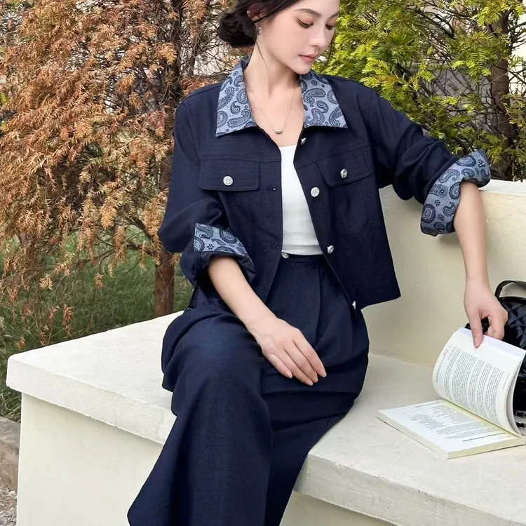 807衣37裤95港风阔腿裤套装新款撞色拼接牛仔短外套休闲裤两件套