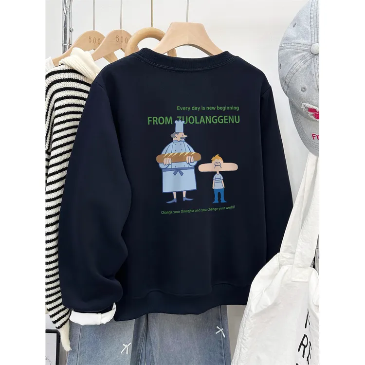 深蓝色正肩卫衣女秋冬款时尚大码设计感卡通前后印花套头圆领上衣