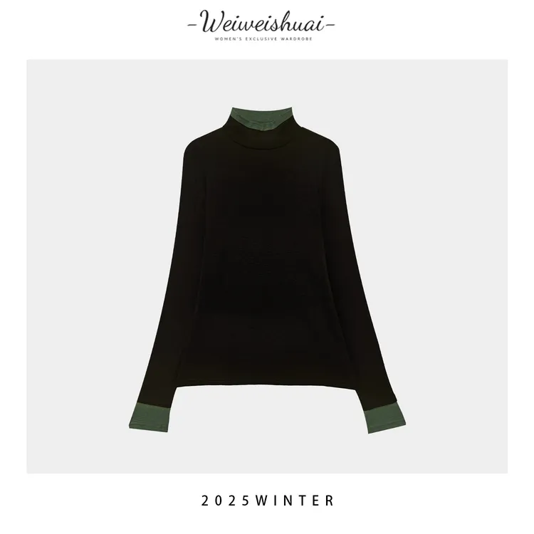 【广州微姐】秋冬季时尚加绒半高领保暖拼接长袖打底衫3185
