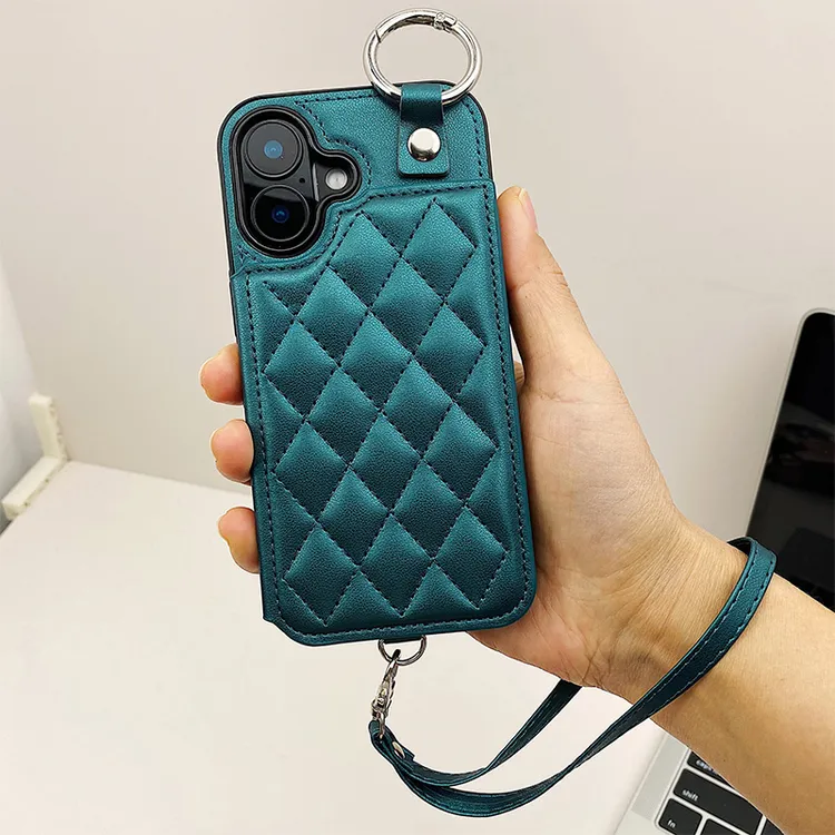 菱格皮纹适用iPhone16可插卡手机壳苹果15手绳14小香风13卡包12女