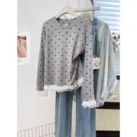 小众设计感蕾丝花边拼接圆领爱心植绒长袖T恤女宽松减龄百搭上衣