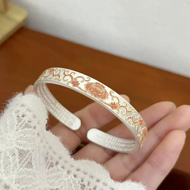 【心经】珐琅牡丹花古法银手镯足银9999实心开口可调节新中式礼物