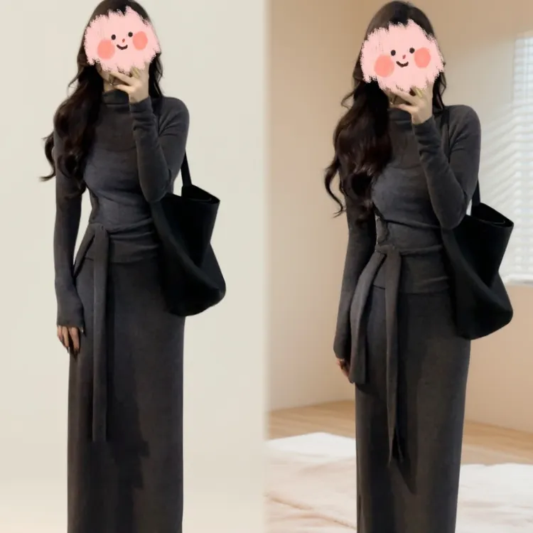 2025秋冬新款时尚气质休闲百搭显瘦长袖假两件半高领长裙连衣裙女