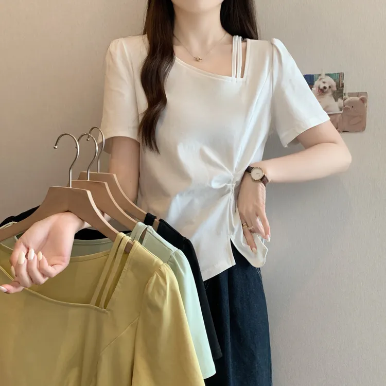 夏装大码女装新款mm不规则短袖T恤加宽加大女装斜领镂空上衣64718