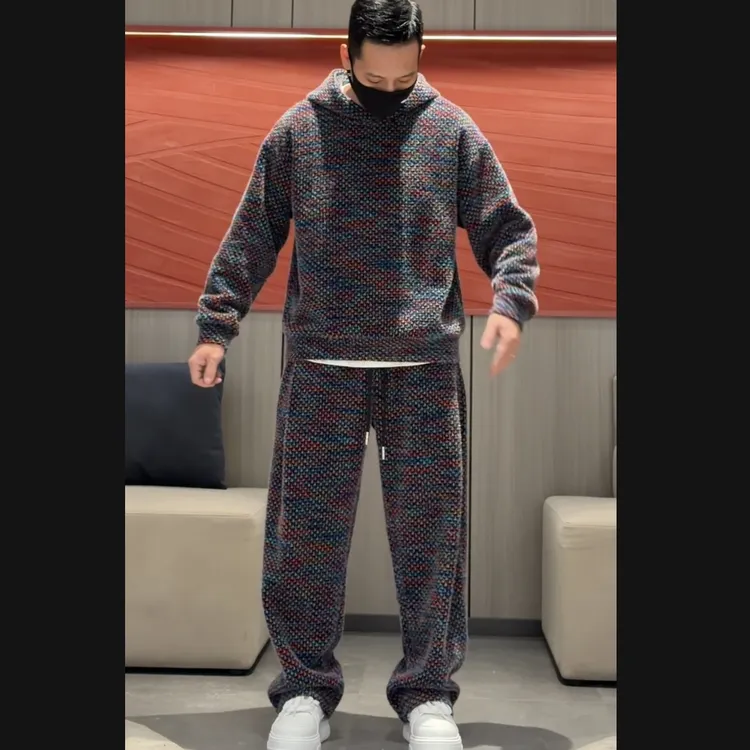 冬季新款加厚绒面保暖时尚潮流百搭千鸟格雪呢绒套装两件套37018