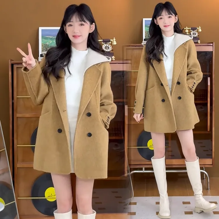 时尚双面大衣女中长款冬季新款韩版宽松可拆卸连帽呢子外套潮