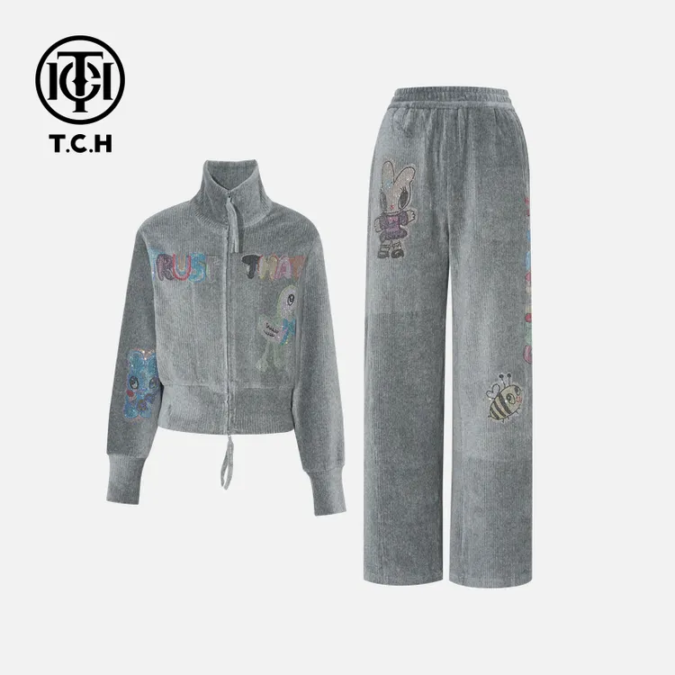 TCH私服秋冬慵懒风烫钻时尚淑女气质灰色套装T75D07E5012轻奢tch