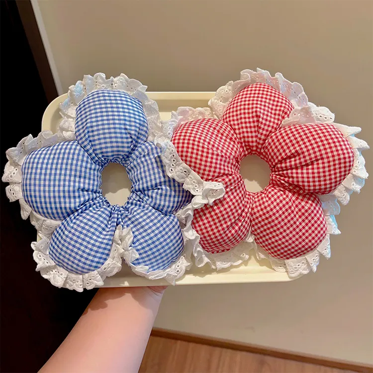 可爱格纹蕾丝边儿童花朵发圈头花发饰发绳皮筋头绳小女孩头饰 