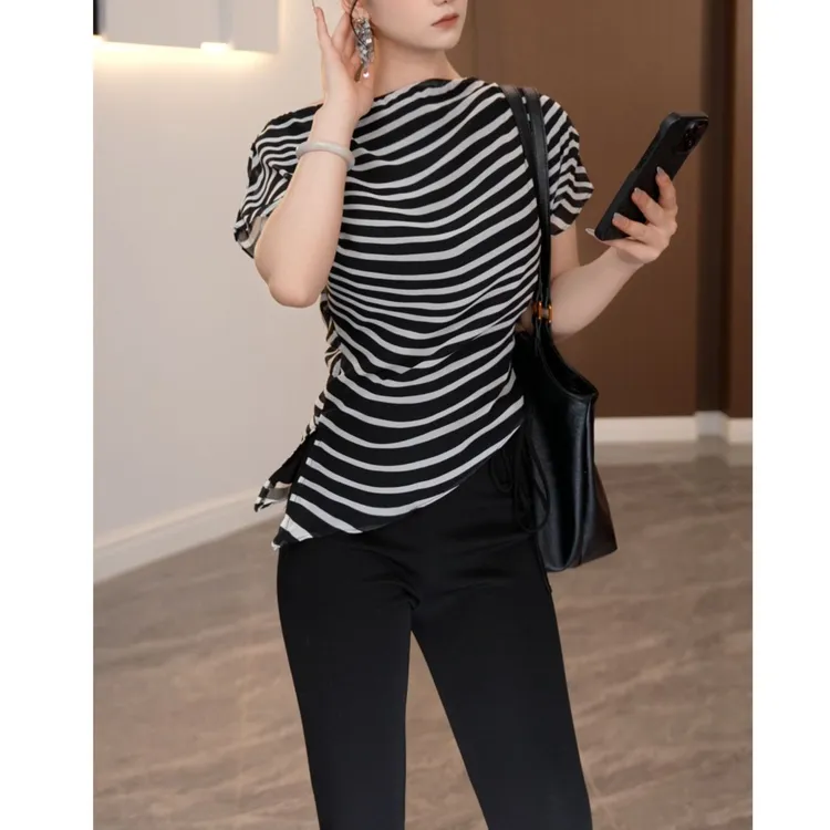条纹无袖拼接通勤INS风速干T恤打底衫夏装高腰黑白-35140