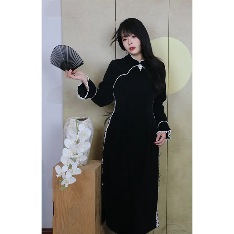 纤后大码黑色新中式改良旗袍高端秋冬新款长袖大码连衣裙37893