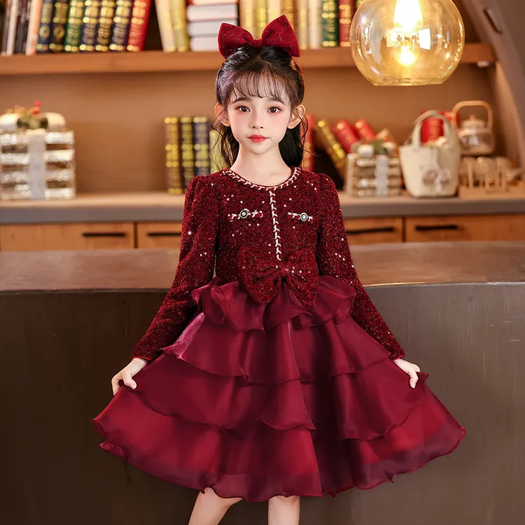 7821女童长袖秋冬加绒保暖连衣裙时尚小女孩拜年服儿童装公主裙子