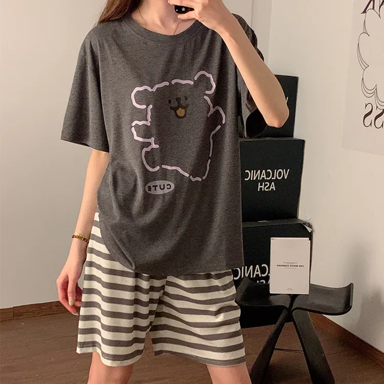 可外穿韩系小狗莫代尔棉睡衣女灰色棉质短袖短裤小个子家居服套装