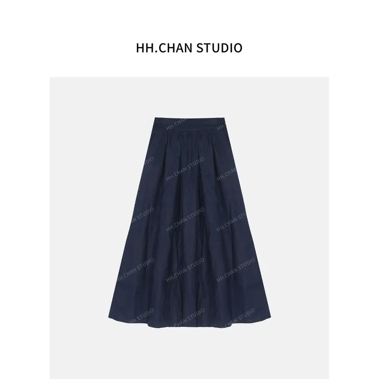 HH.CHAN“浪漫亚麻裙”100%亚麻定制藏青色重工百搭松紧腰半身裙
