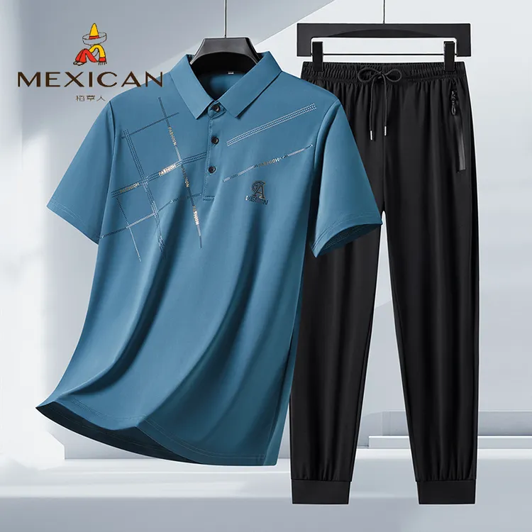 Mexican/稻草人夏季POLO衫束脚长裤两件套速干冰爽商务烫钻男套装