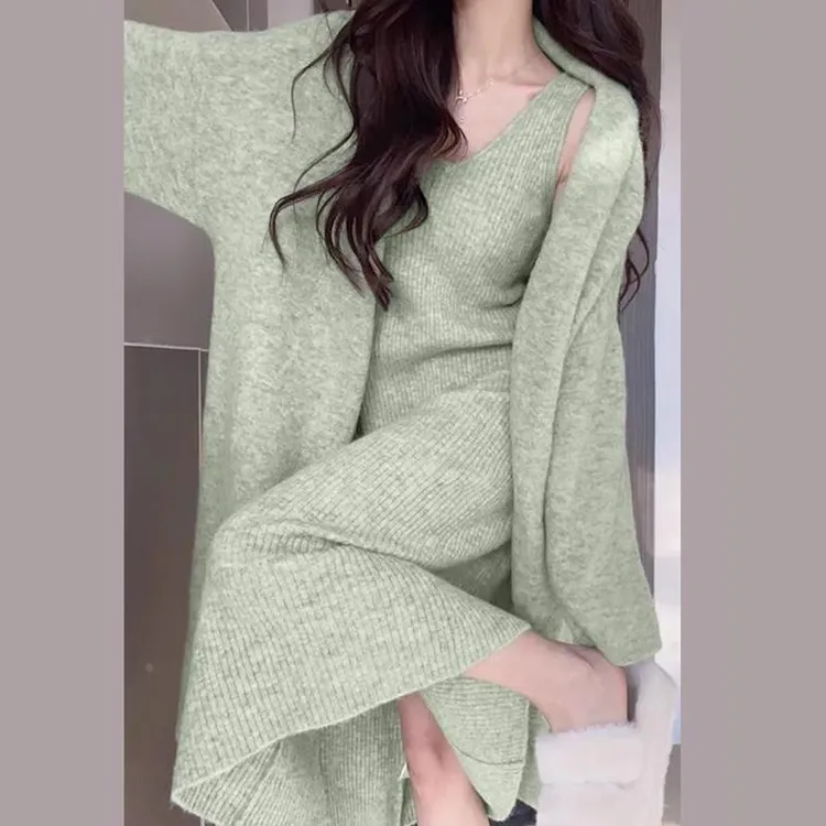 一整套早秋穿搭针织开衫外套秋冬吊带背心裙毛衣裙两件套装连衣裙