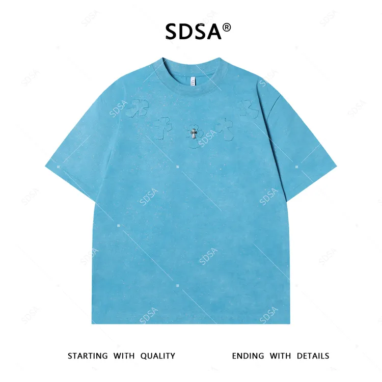 夏季高级感新款男士满天星十字贴布短袖T恤百搭宽松时尚圆领上衣